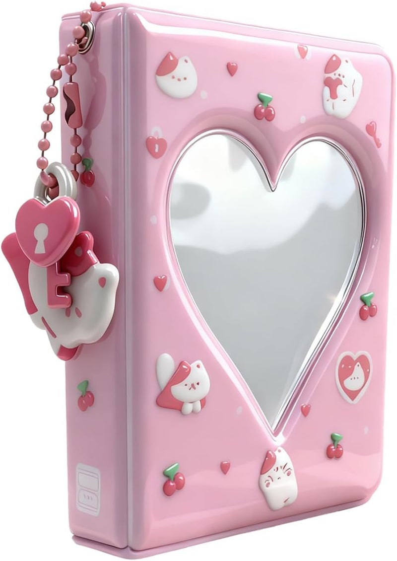 Nextpal Mini Photocard Binder, 3-Inch Heart Hollow Portable Photos Card Book with Lovely Pendant, Cute Style Kpop Card Holder Collectible Album for Fans 40 Pockets (Pink White Cat) - Image 1